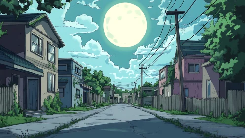 Quiet moonlit neighborhood street wrapped in soft teal glow.