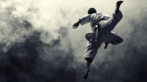 Dynamic martial artist soaring in mist filled skyscape.