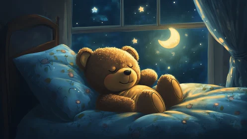 Teddy bear sleeps on child’s bed under moonlit night