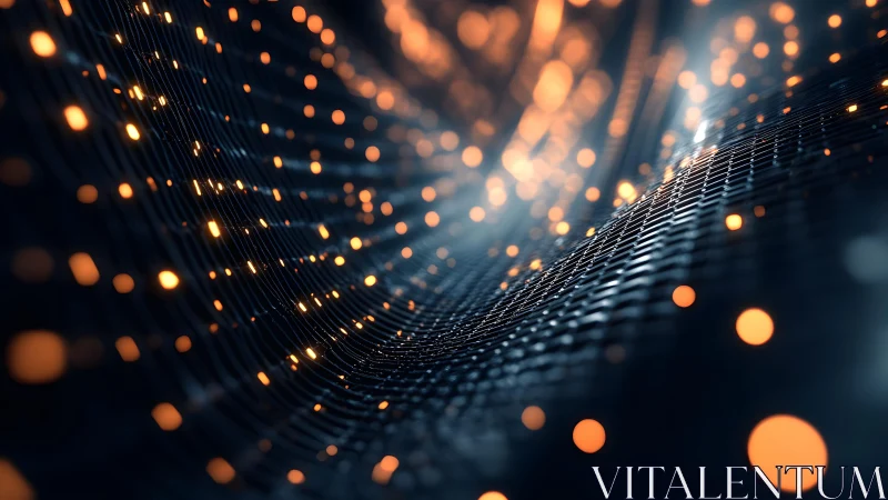 Abstract glowing mesh wave with orange lights, futuristic digital art.
