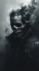 Digital painting of smoking skull figure in dark leatherscape.