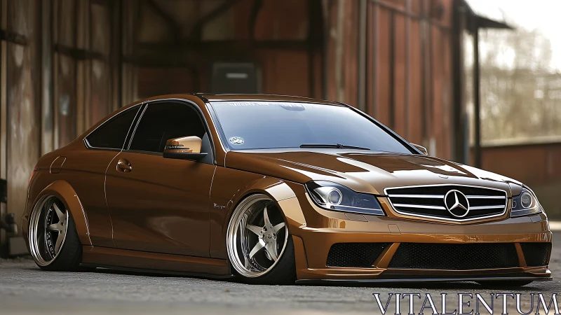 Bronze Mercedes coupe resting low in quiet urban sunlight.