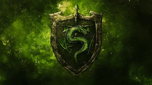 Heraldic emerald dragon crest on weathered fantasy shield.