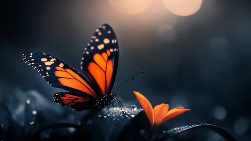 Orange butterfly on flower in dark, moody close-up scene.