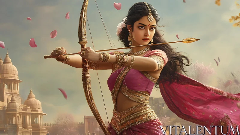 Warrior princess draws golden bow before ancient temple