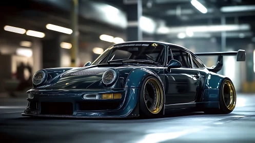 Widebody Porsche-style track car with aero kit in moody garage