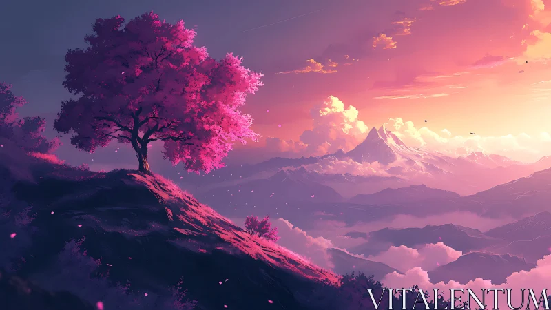 Solitary pink tree above layered mountains at sunset.