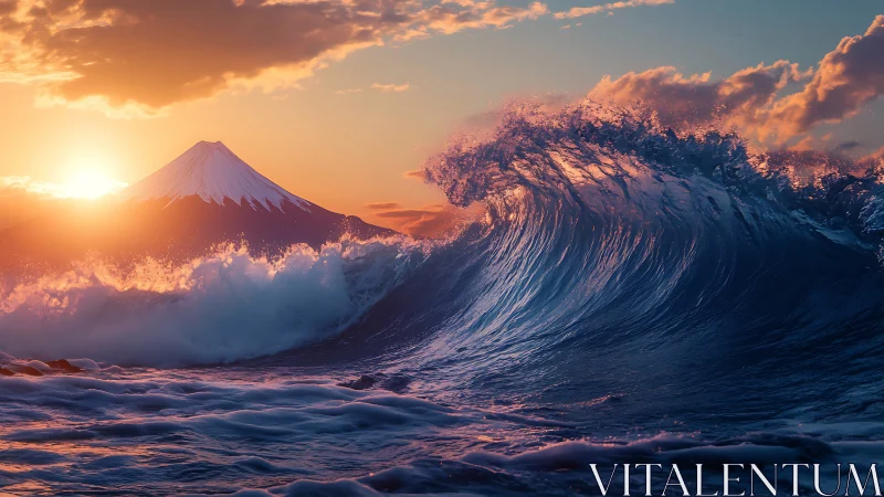 Sunlit mountain and breaking ocean wave form balanced scene