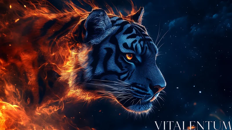 Tiger head in profile rendered with fire and deep blue tones.