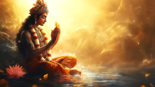 Golden meditation by the water in gentle evening light.