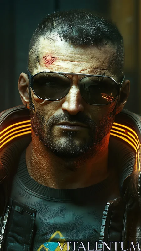 Cyberpunk mercenary portrait with neon collar glow.