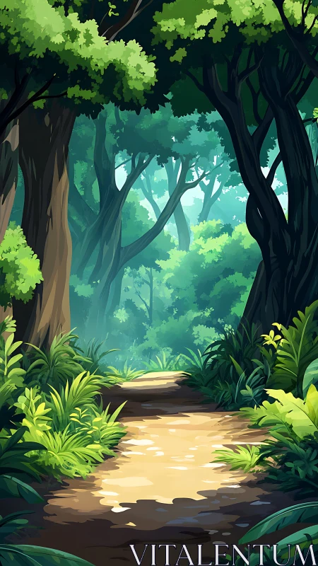 Dense Forest Path: Sunlit Trail Through Ancient Trees