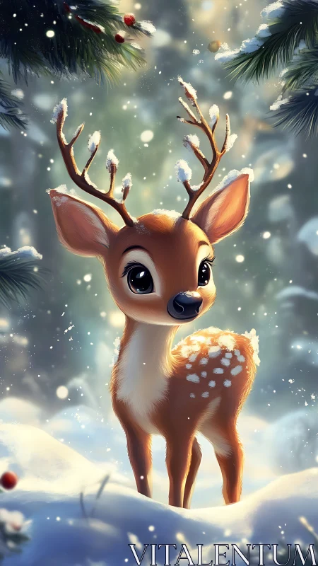 Young winter fawn stands in soft snow under pine branches