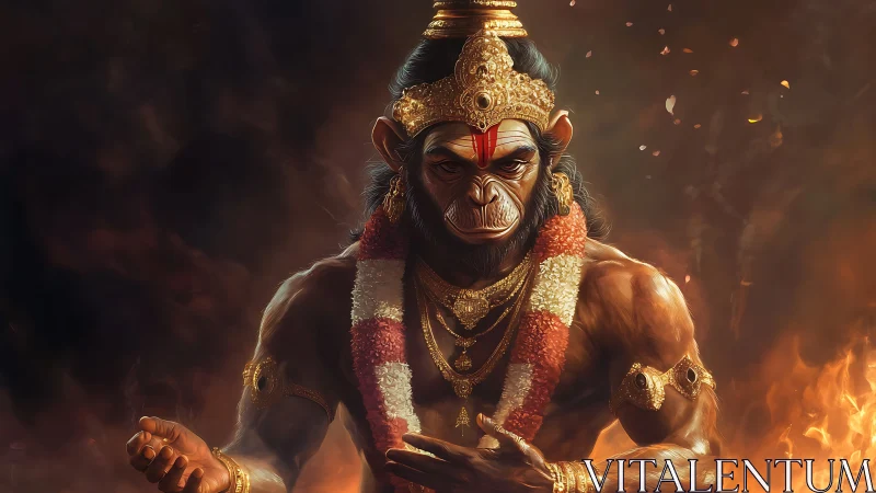 Firelit warrior monkey deity crowned in molten dusk.