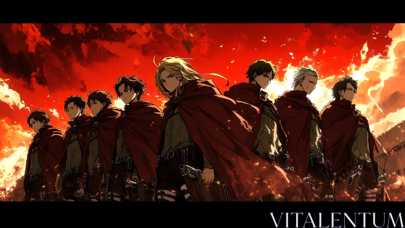 Seven anime soldiers in red cloaks under burning sky.