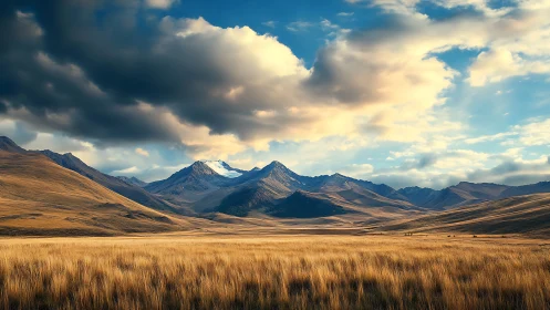 Golden grass plain before distant snowcapped mountain range.