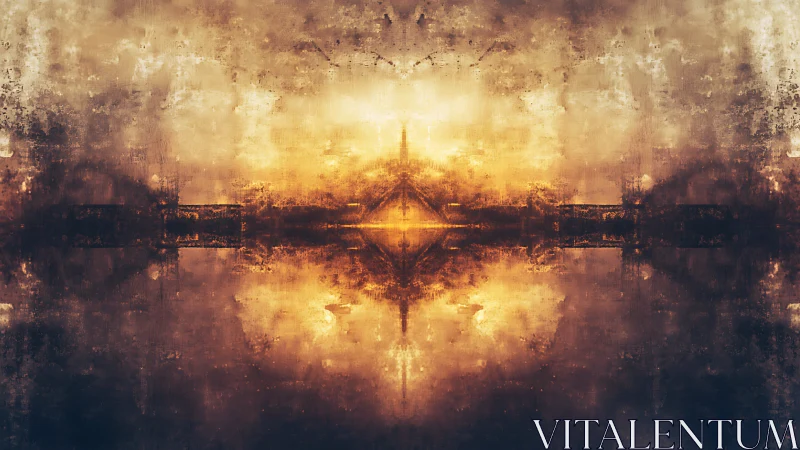 Symmetrical sunset cityscape reflects through textured haze