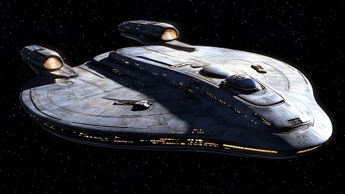 Streamlined silver starship glides silently through deep space.
