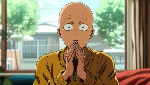 Bald anime man sits in quiet room wearing a thoughtful stare