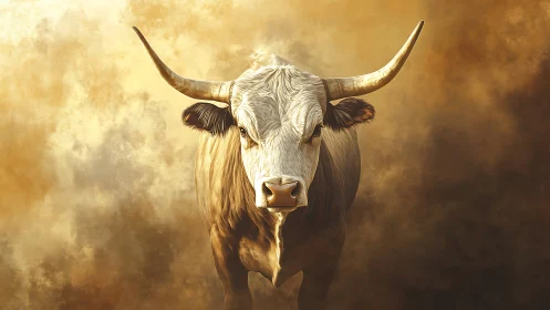Long-horned bull in frontal view against diffuse brown haze.