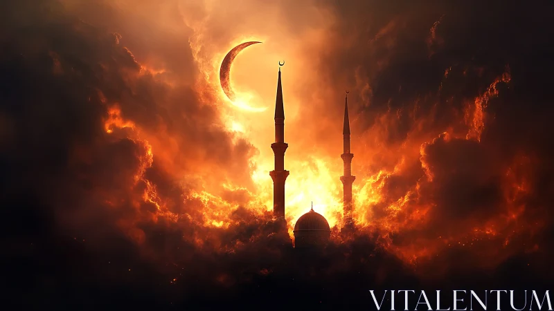 Fiery crescent moon crowns mosque spires in stormy heavens