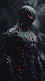 Stealth tactical combat android with red luminescent core