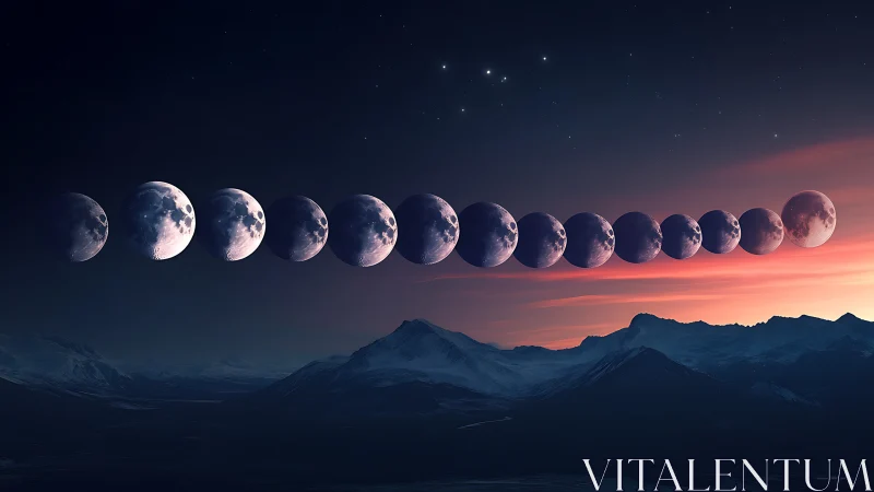 Lunar eclipse sequence over twilight mountain horizon.