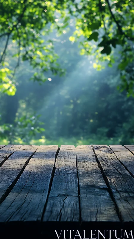 Wooden Deck Overlooking Forest with Sunlit Canopy.