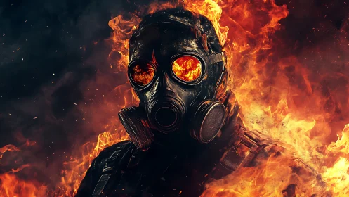 Gas mask figure engulfed in intense orange and red flames