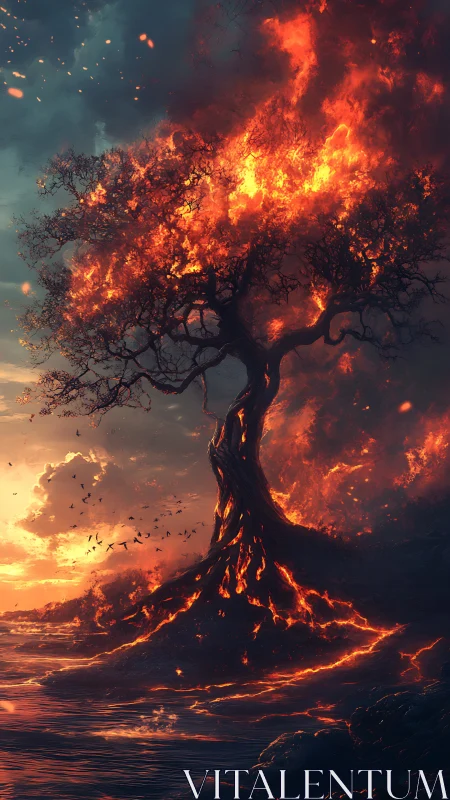 Ancient Tree Consumed by Inferno Against Dusk Sky.