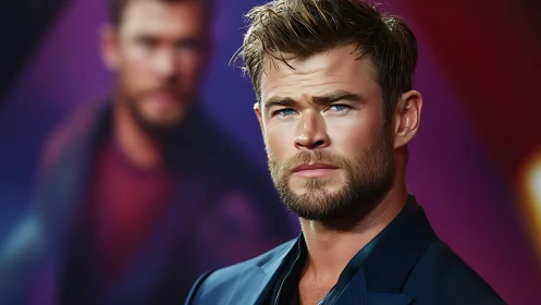 Brooding blond man in sharp suit before blurred portrait backdrop.