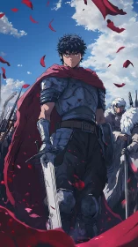 Armored anime swordsman stands amid red cape and petals