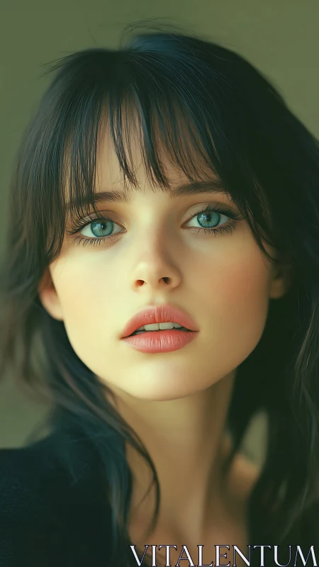 Soft-lit portrait of teal-eyed muse in quiet reverie.