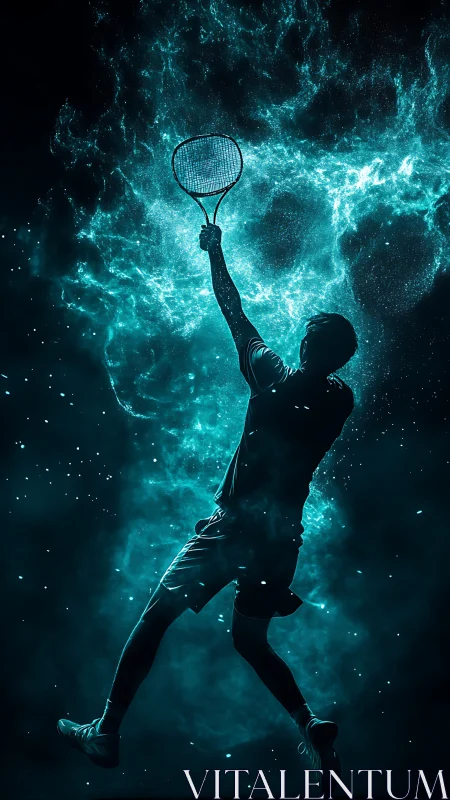 Tennis player silhouette reaches upward amid teal energy cloud