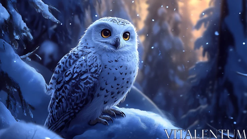 Snowy owl perched on snowy branch in magical winter forest scene.