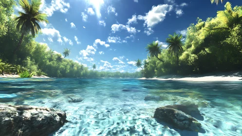 Tropical Lagoon with Palm-Lined Shoreline and Crystal Clear Turquoise Waters