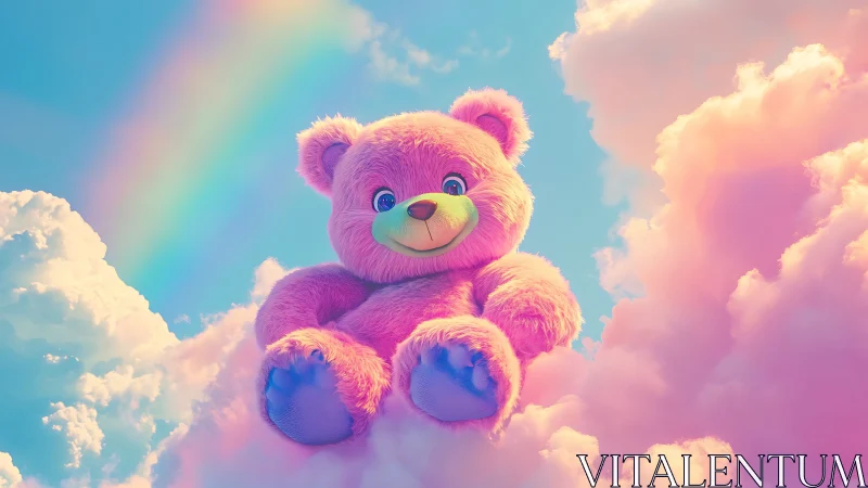 Pink teddy bear floating in pastel clouds beneath rainbow.
