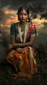 Photorealistic portrait of woman in ornate sari against storm sky.