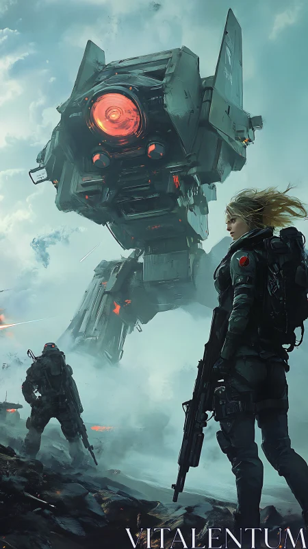 Female commando confronts colossal war mech in storm haze.