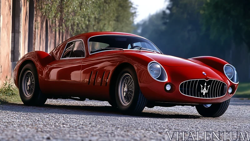 Red classic sports coupe is parked on a gravel roadway