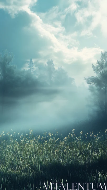 Mist-kissed meadow waking beneath a pale turquoise sky.