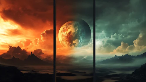 Triptych render depicts divided alien sky and planet