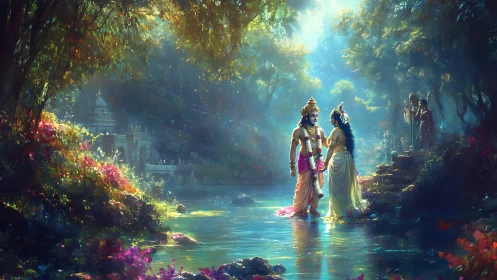 Moonlit river tryst between divine lovers in jeweled forest.