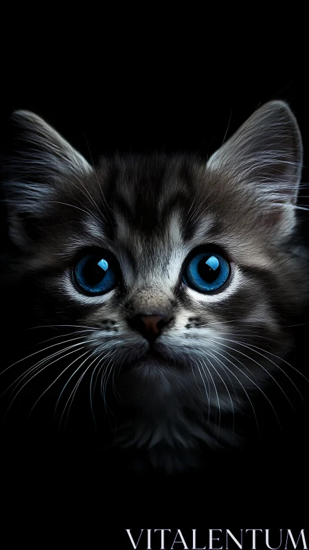 Striking gray and white cat with intense blue eyes against black background.