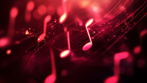 Glowing red music notes float through abstract digital space.