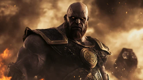 Armored titan warrior in volcanic battlefield with embers