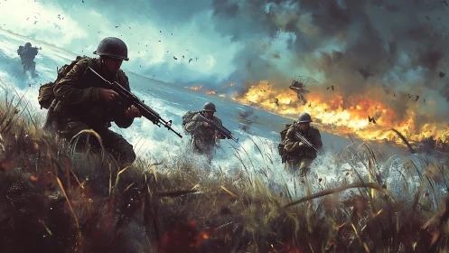 Storm-torn beach assault under burning skies of war.