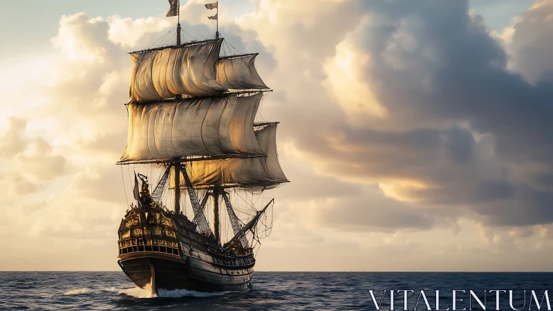 Golden-sailed galleon cutting through sunset seas majestically.