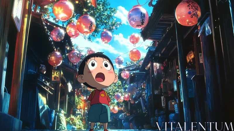 Child under lantern-lit alleyway rendered in high-saturation anime lighting