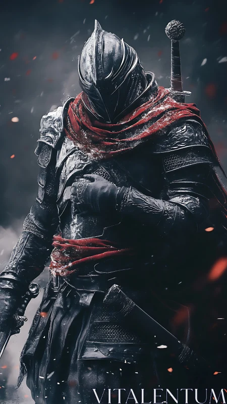 Armored warrior in helm with sword and red scarf detail.